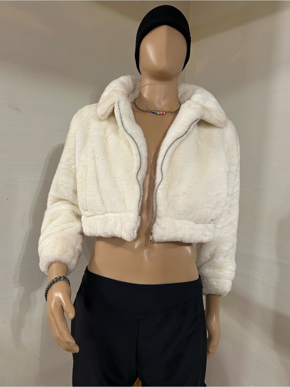 Cropped Faux Fur Jacket - Ivory